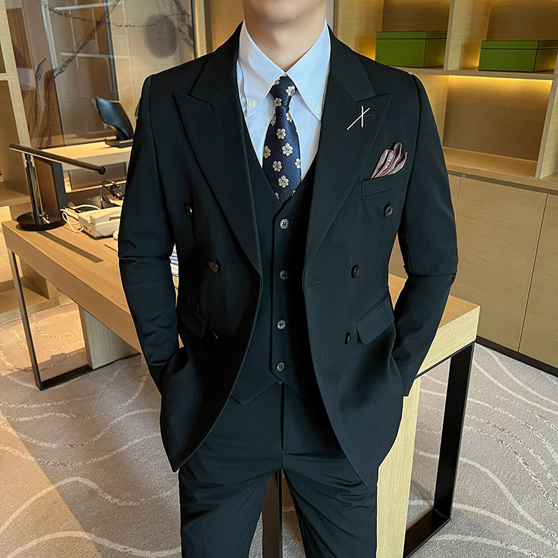 新款高品质大码西装男套装双排扣新郎结婚礼服中灰SJT2404-P210,男装西服套装,星座197