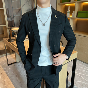 双排扣西装男套装男士修身条纹西服正装新郎结婚礼服LJT6667-P205图片