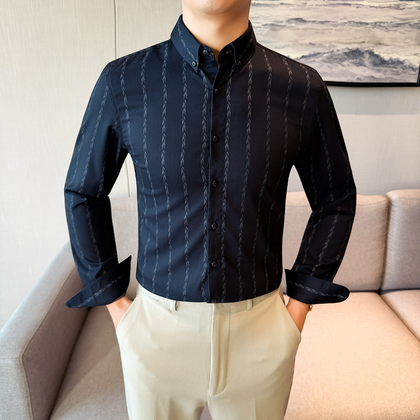 新款 竹纤维条纹衬衣大领扣领尖领通勤衬衫 L码~5XL 蓝CS545-P68