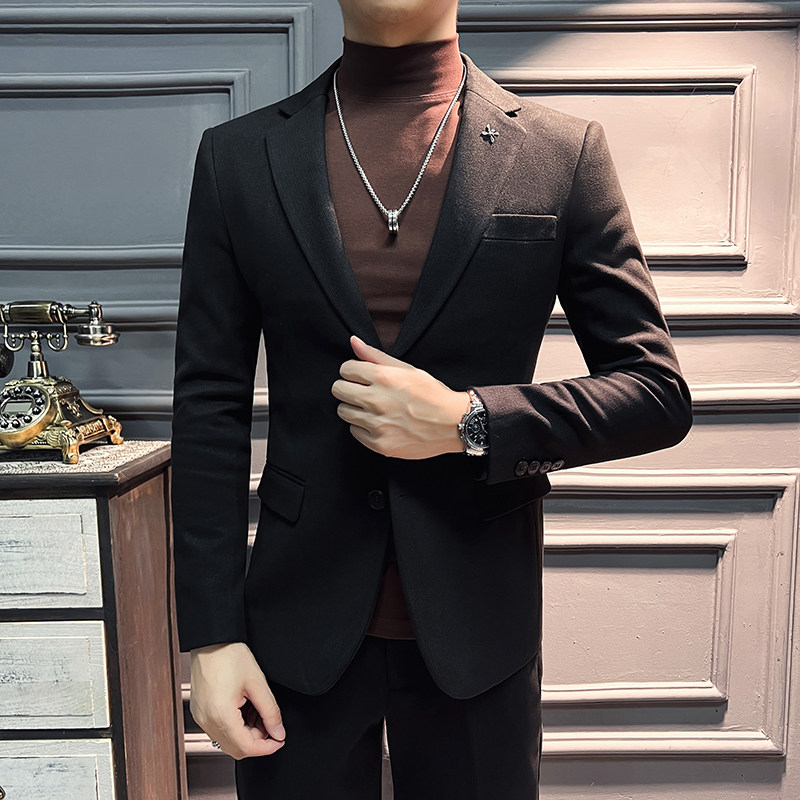 高品质新款毛呢加厚保暖西装男外套暗条纹黑色西服DX6692-P155,男装西服,星座197