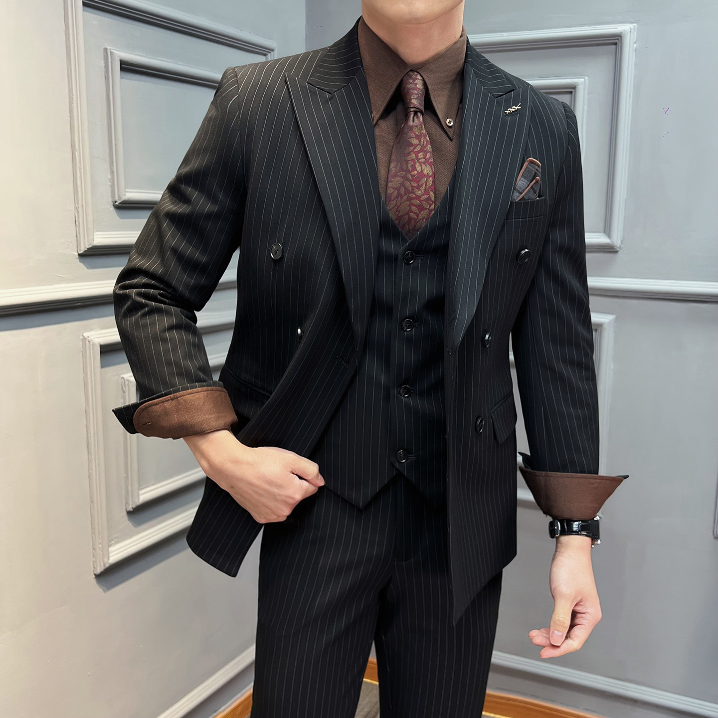 真袖叉双排扣条纹西装男套装商务结婚三件套灰色SJT2502-P280,男装西服套装,星座197