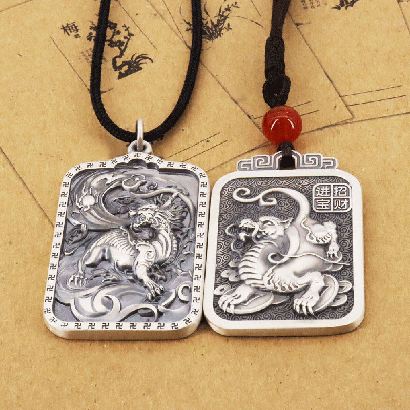 999纯银吊坠貔貅男复古招财麒麟实心足银吊坠项链男女士配饰挂件