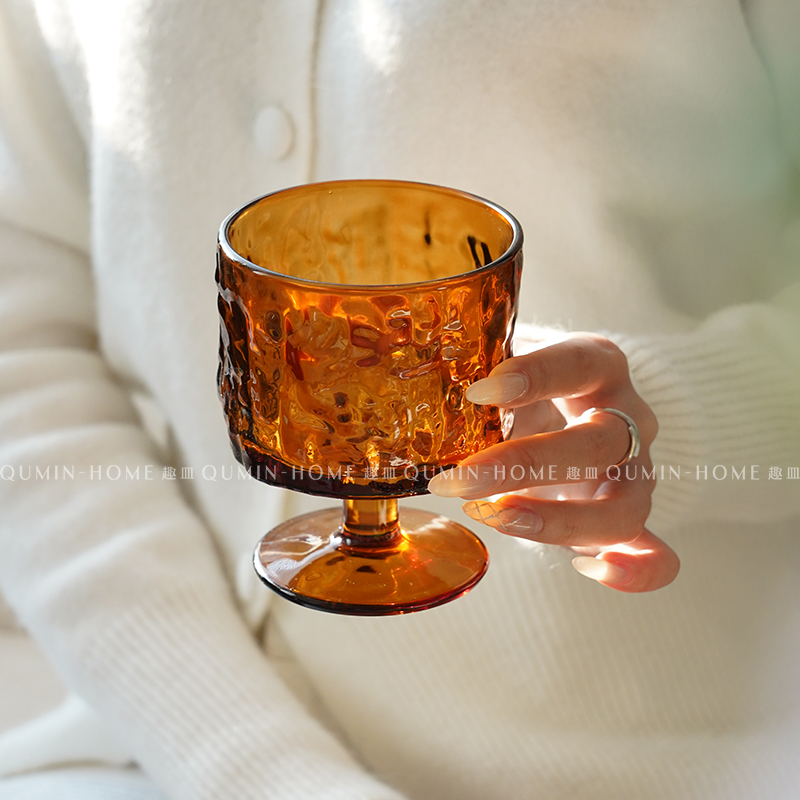 趣皿ins风琥珀树纹矮脚杯家用玻璃杯子高颜值咖啡杯冷饮杯果汁杯
