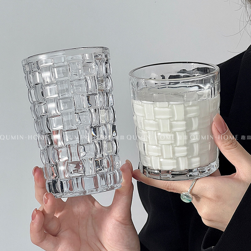 Qumin 开心满格 ins风藤编浮雕玻璃杯创意格子家用咖啡喝水茶杯,餐饮具,玻璃杯,淘宝优惠券,粉丝福利购,淘宝优惠卷