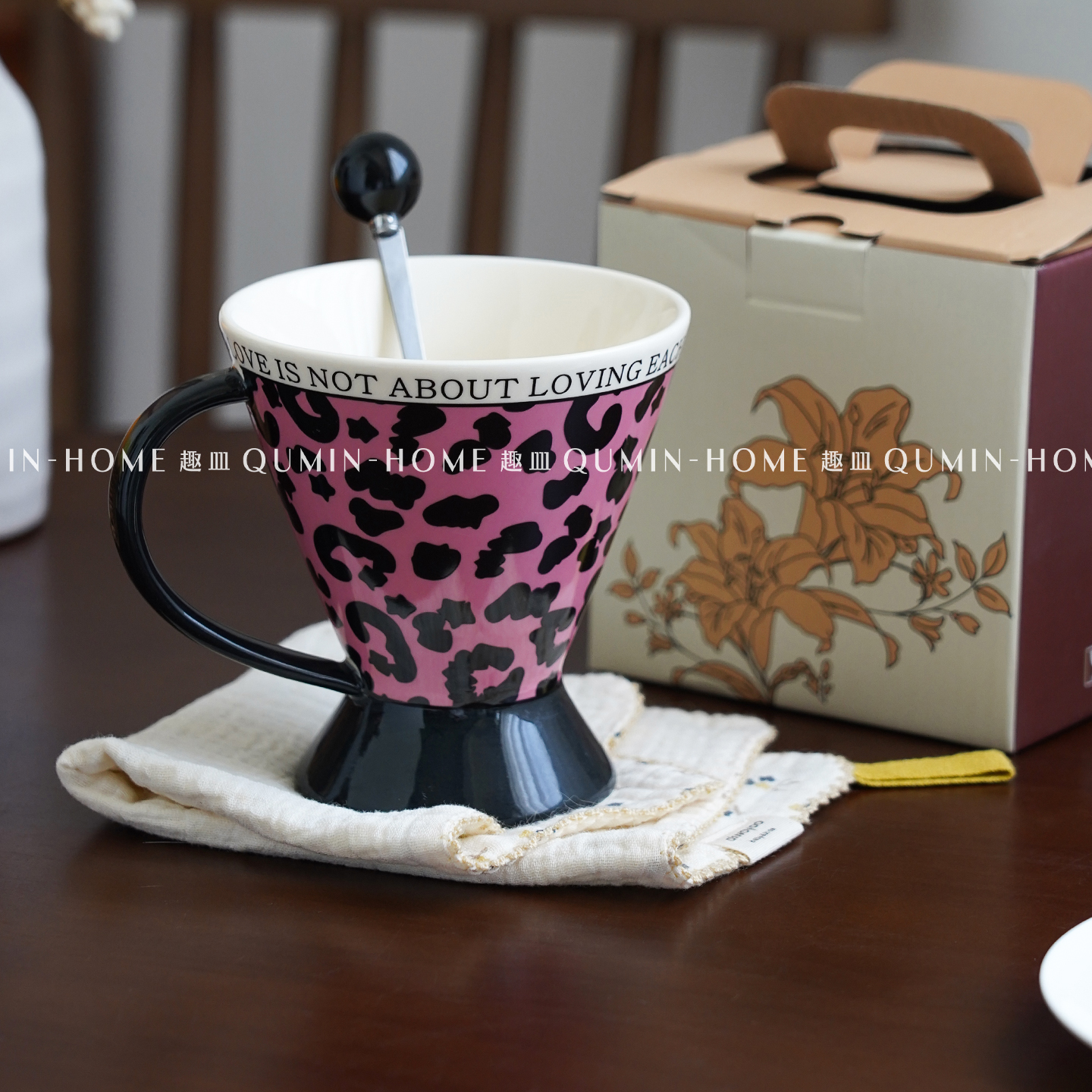趣皿创意小众粉豹纹马克杯高颜值家用下午茶带勺陶瓷杯水杯咖啡杯