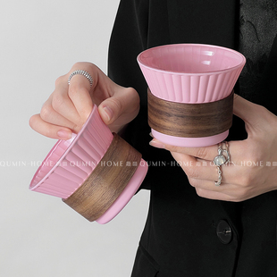 趣皿*ins风粉嫩少女心玻璃杯磨砂桃粉挂耳咖啡杯隔热高颜值饮品杯