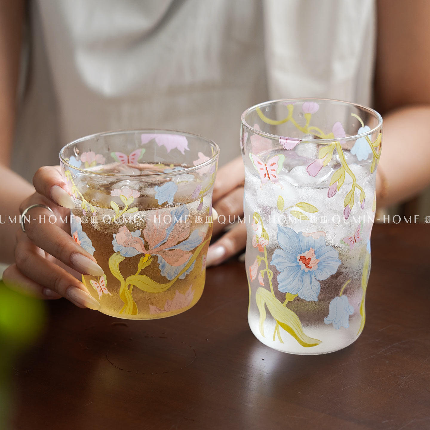 趣皿ins风碎花玻璃杯高级感水杯茶杯果汁杯冷饮杯办公室咖啡杯子