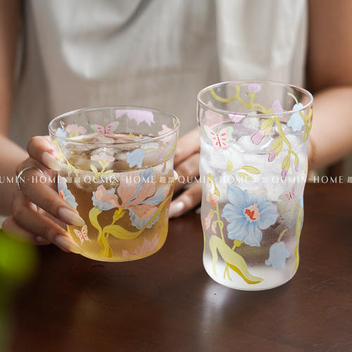 趣皿ins风碎花玻璃杯高级感水杯茶杯果汁杯冷饮杯办公室咖啡杯子