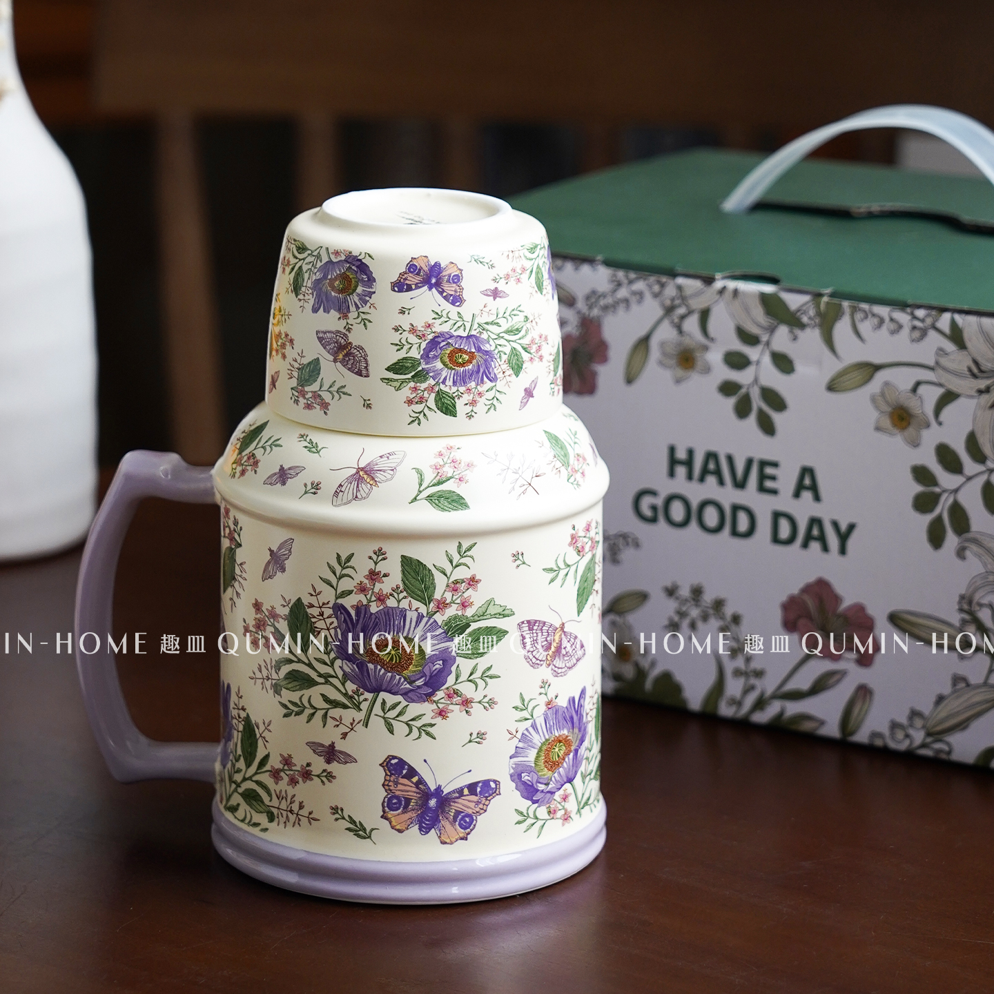 趣皿法式复古陶瓷水壶杯带盖马克杯大容量茶杯办公室泡茶杯水壶杯