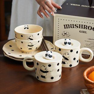 趣皿可爱小熊情侣二人食马克带盖杯子卡通陶瓷餐具套装菜盘米饭碗