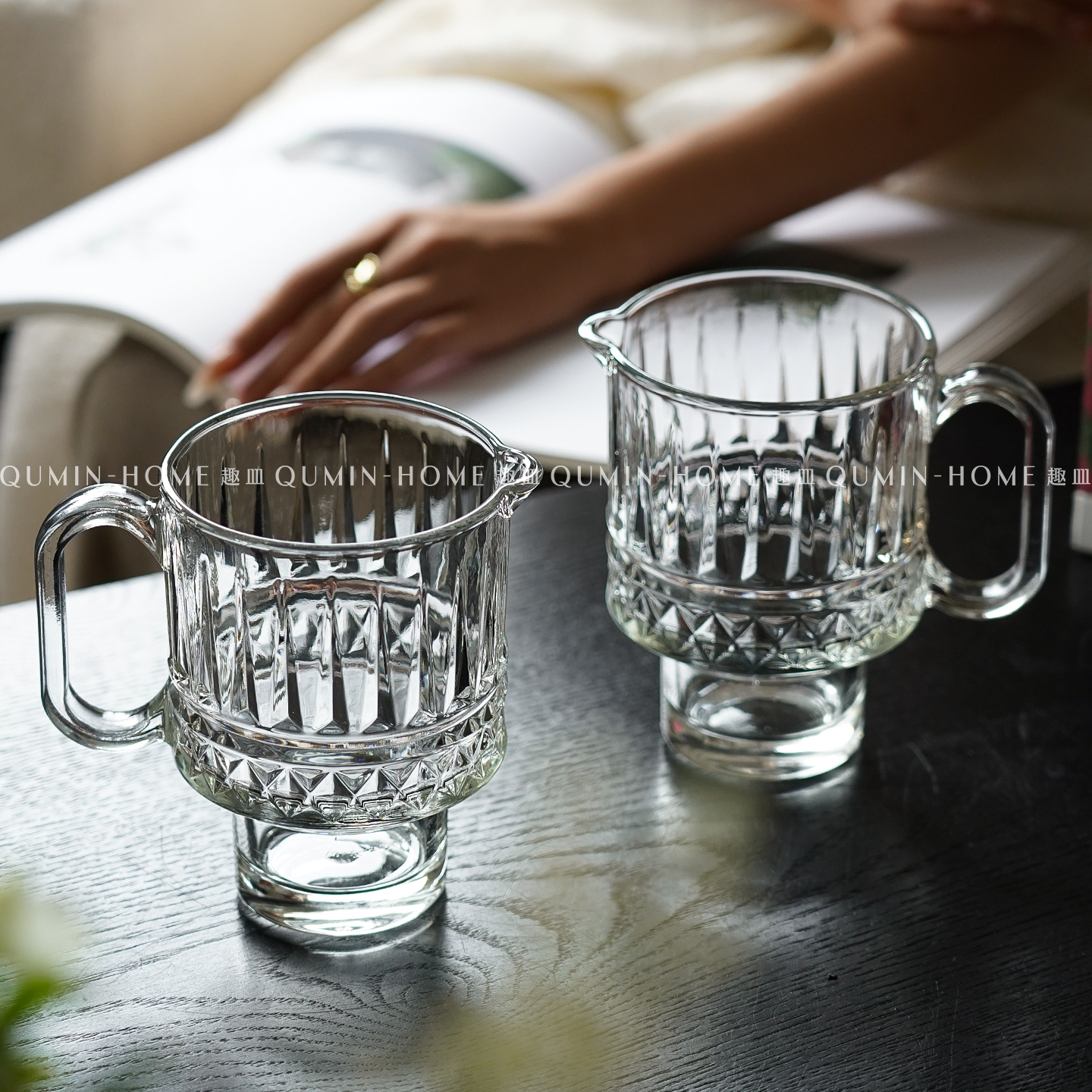 趣皿ins风高级感带把手透明玻璃杯大容量冷饮杯轻奢果汁杯啤酒杯