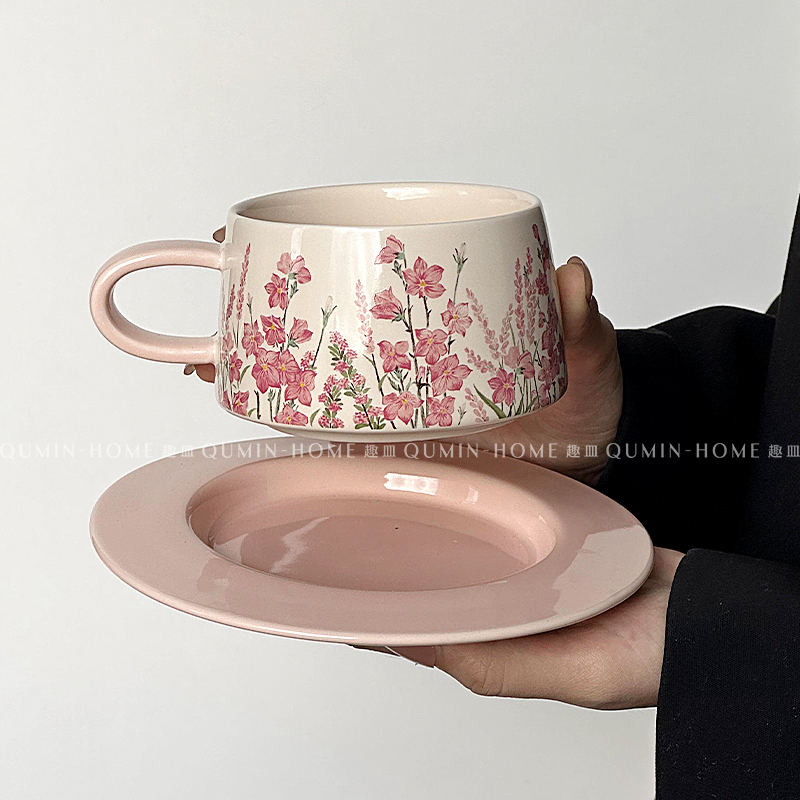 溫桃粉月中古風禮物油畫咖啡杯碟