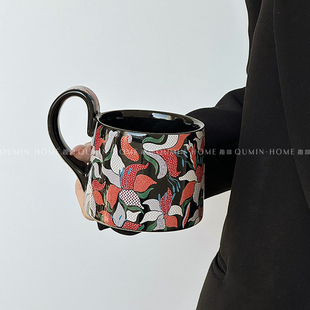 趣皿*陶瓷马克杯复古红色咖啡杯蝴蝶办公室鸢尾花小众礼物水杯