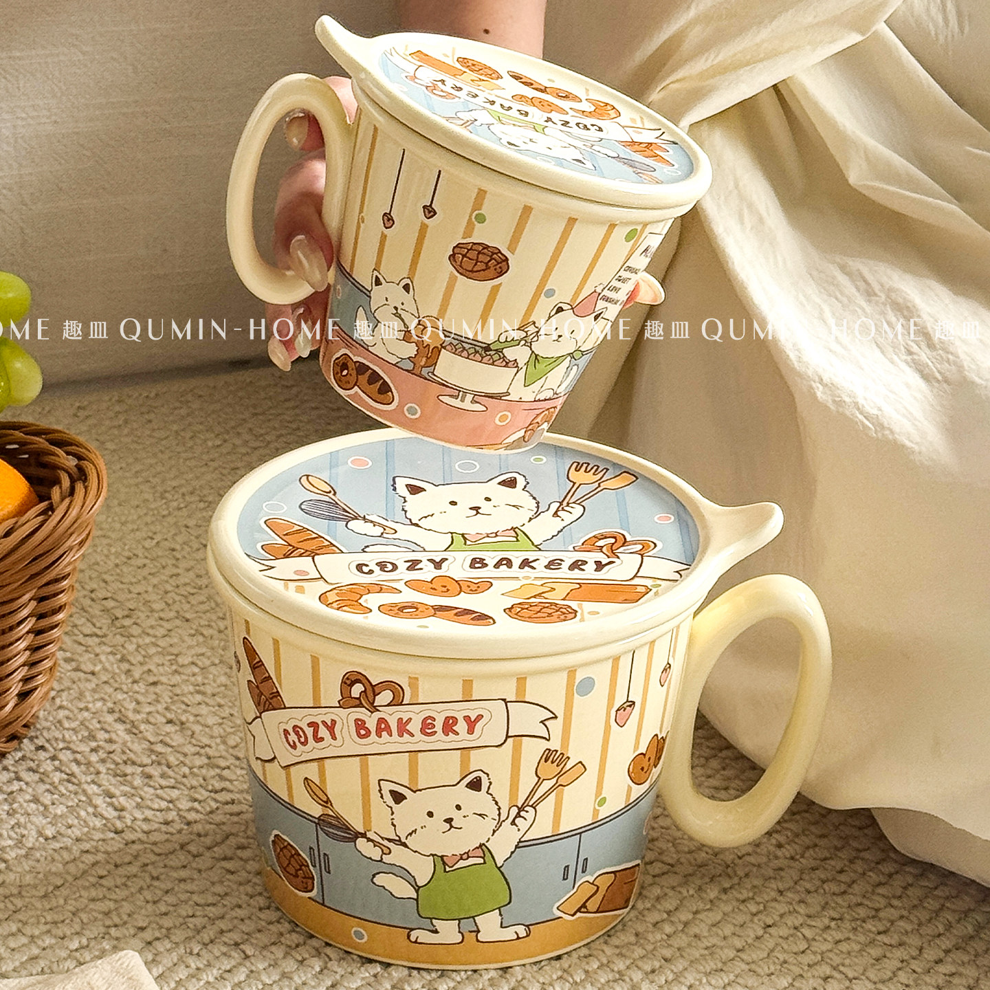 趣皿卡通陶瓷泡面碗带盖手柄碗可爱打饭碗大容量面碗可微波炉加热