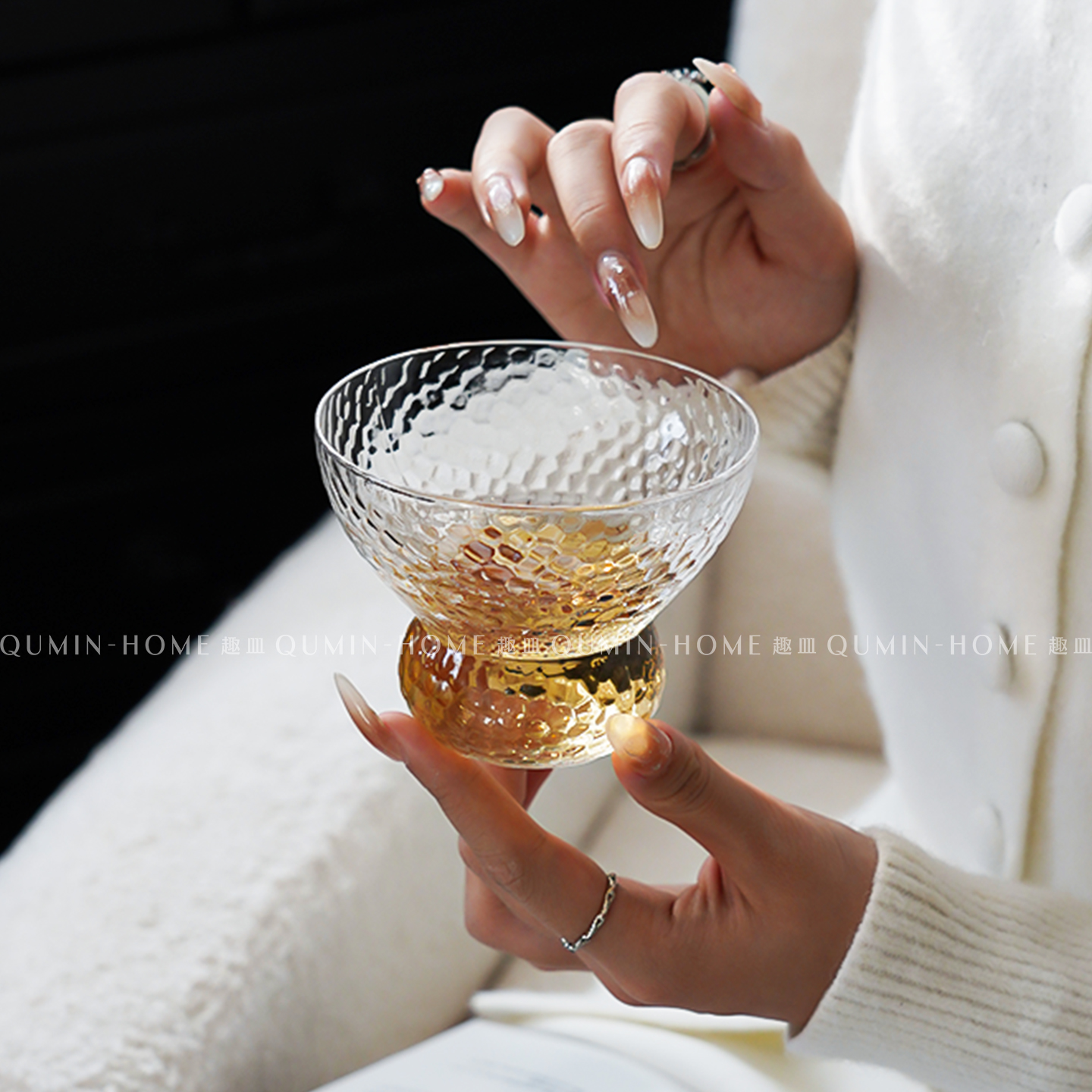 趣皿日式锤纹宽口杯玻璃杯冰美式咖啡杯冷萃杯子家用饮品杯冷饮杯