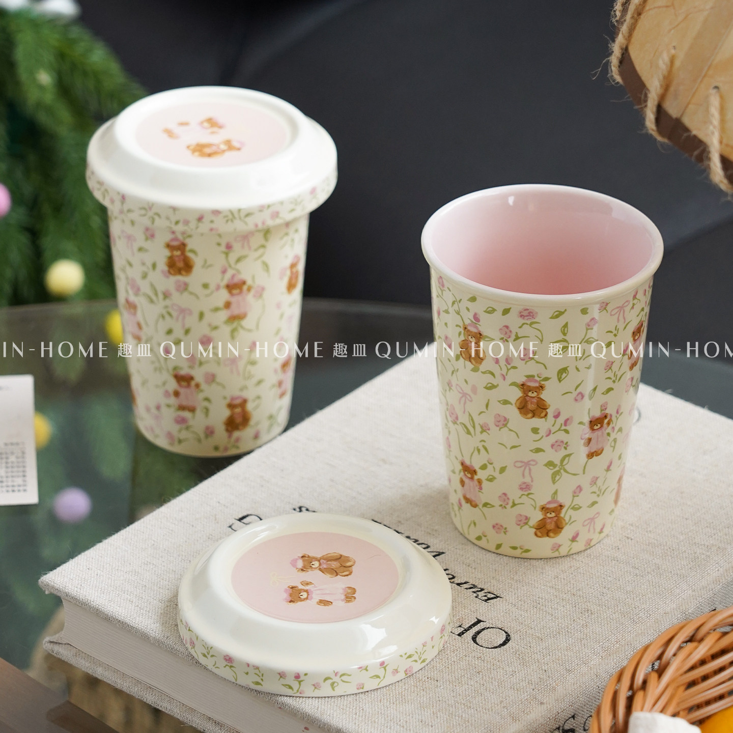 趣皿可爱陶瓷手握杯子家用卡通小熊可乐杯带盖马克水杯早餐燕麦杯