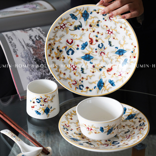 趣皿创意蝙蝠花影珐琅碗盘陶瓷一人食套装高级感餐具米饭碗点心盘