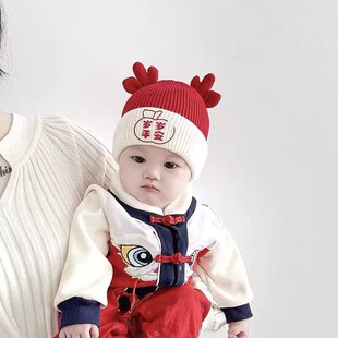 婴儿帽子秋冬季喜庆新年红色加厚保暖毛线帽男女宝宝小月龄针织帽