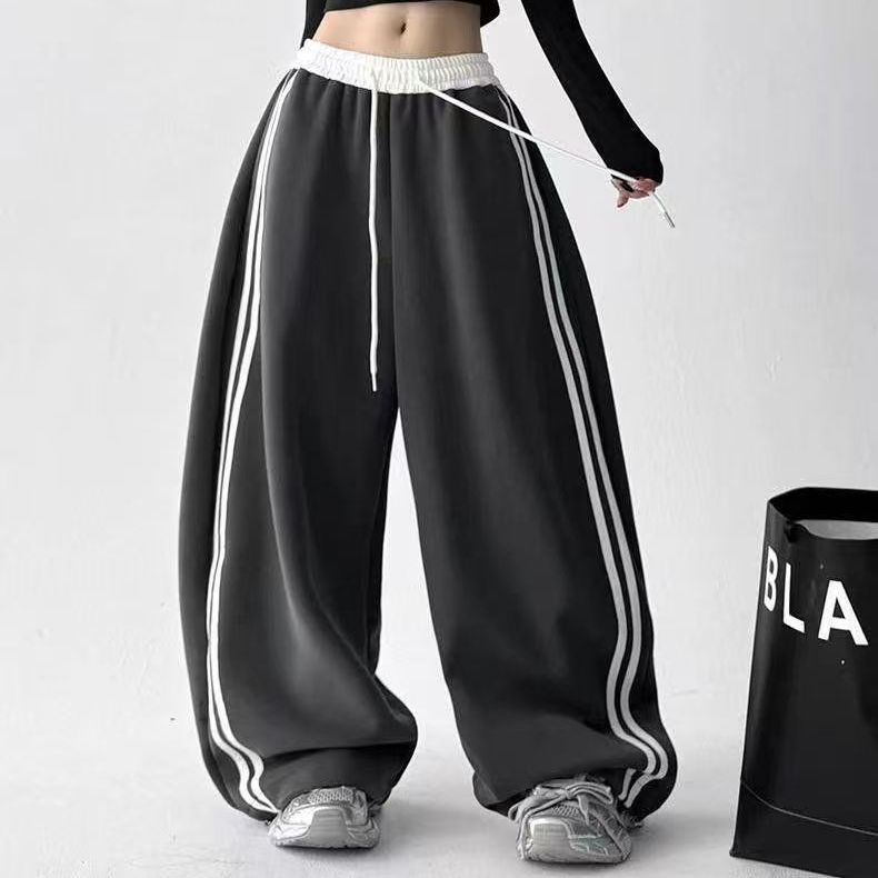 华棉推荐2025秋季新品阔腿裤女百搭条纹垂感运动休闲卫裤