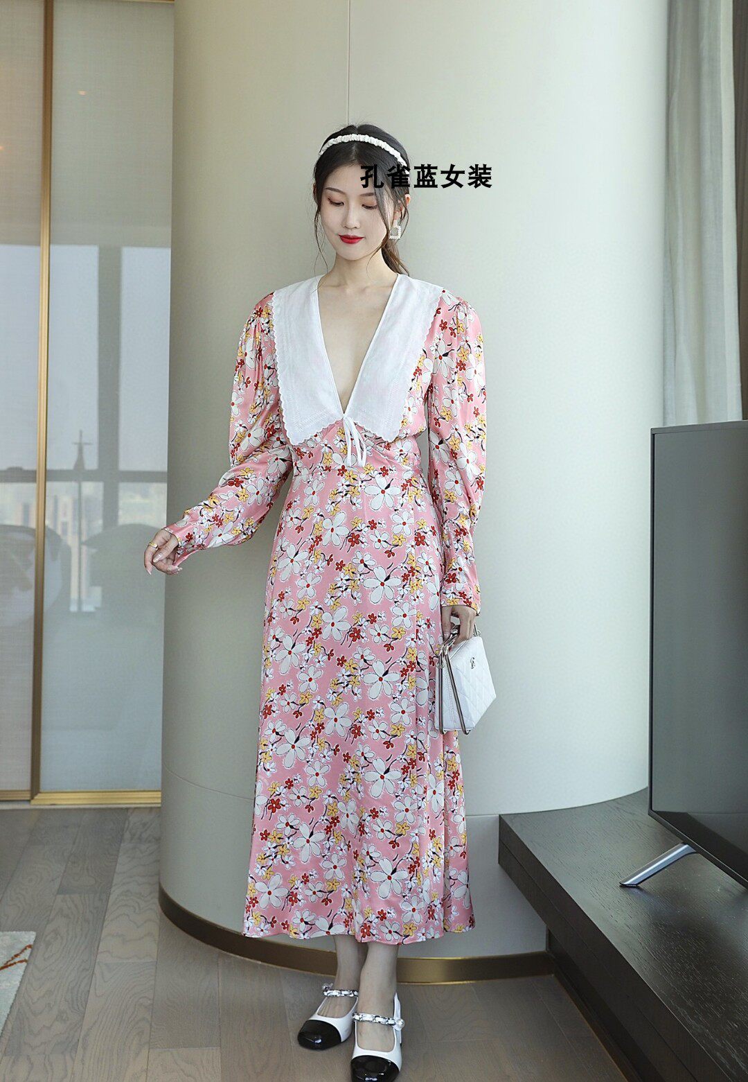2023欧洲站高端定制花朵印花翻领腰带系带长裙长袖连衣裙