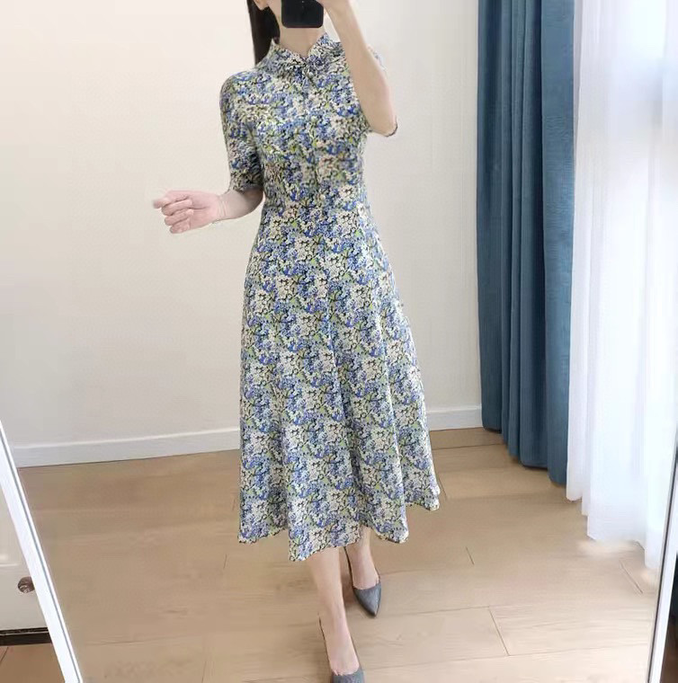 福利特惠荷叶领领收腰碎花真丝短袖连衣裙 女 100%桑蚕丝