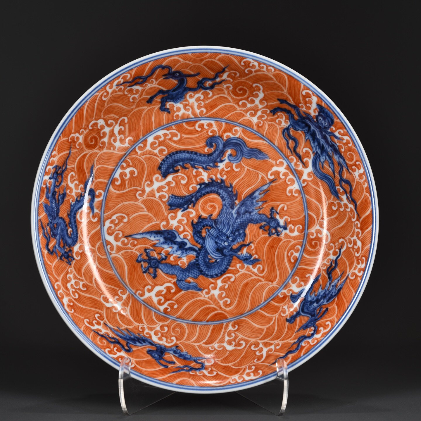 明代宣德矾红青花海水龙纹海怪盘 海外回流官窑瓷器摆件古玩收藏