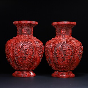 古玩古董老货怀旧收藏老物件手工满雕剔红漆器花瓶一对装饰摆件
