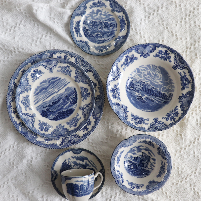复古美式蓝色神秘城堡家居装饰摆件菜盘茶具套装西餐厅餐具创意