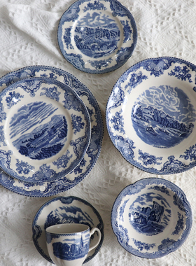 复古美式蓝色神秘城堡家居装饰摆件菜盘茶具套装西餐厅餐具创意