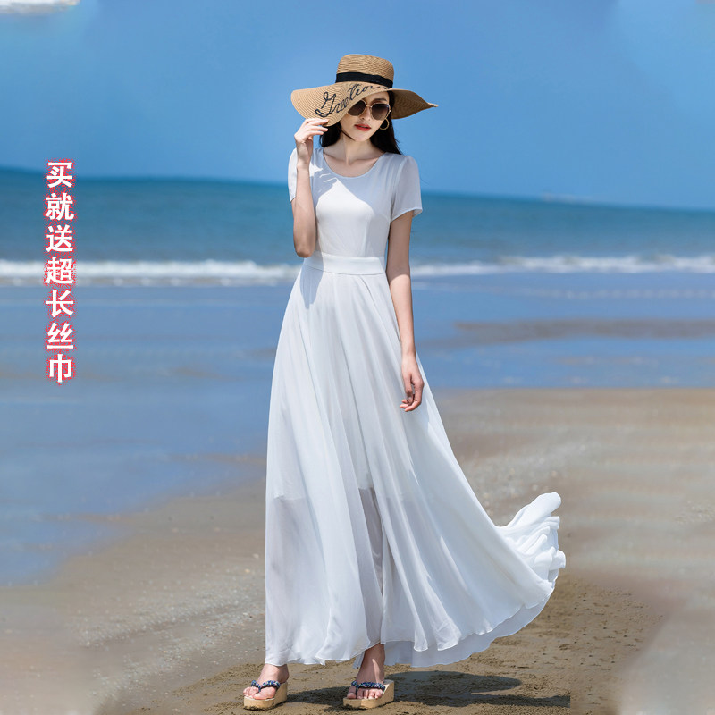 白色长款连衣裙女仙夏季2026年新款大摆收腰显瘦淑女度假沙滩长裙