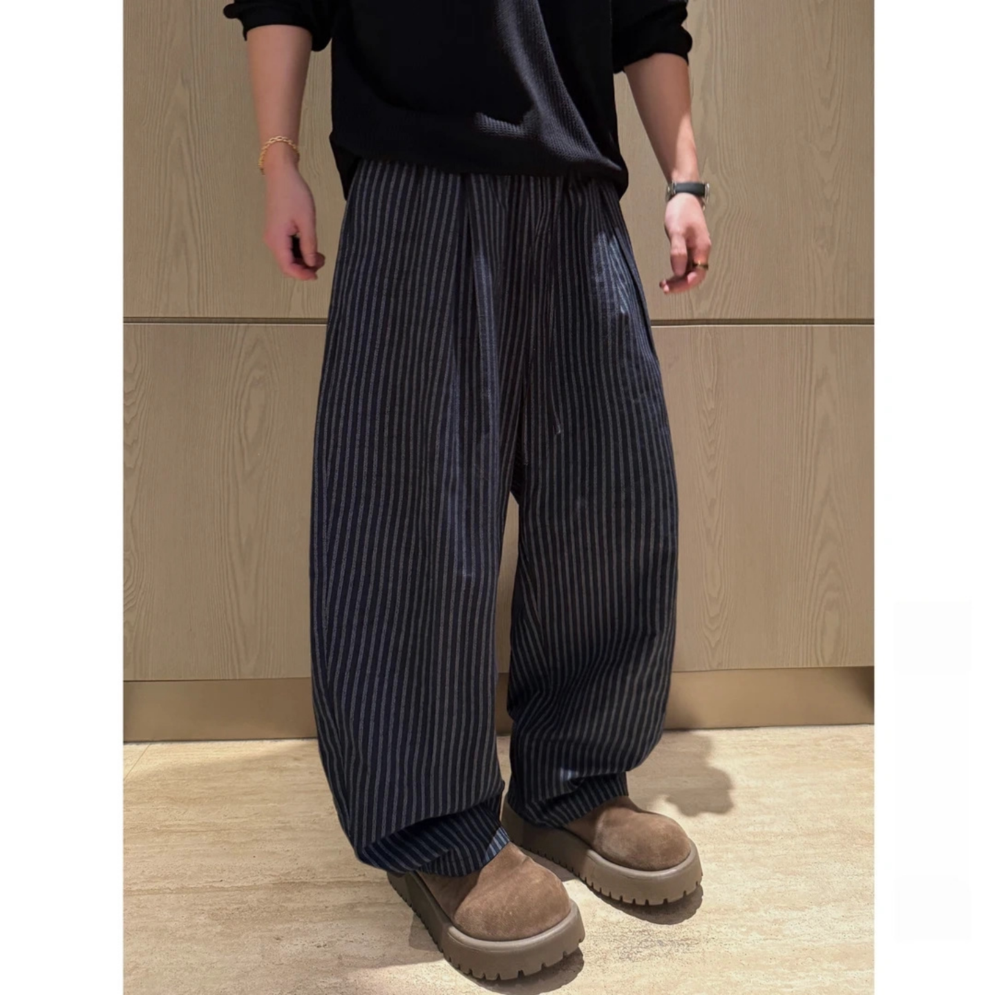 城市通勤条纹松紧腰直筒休闲裤男