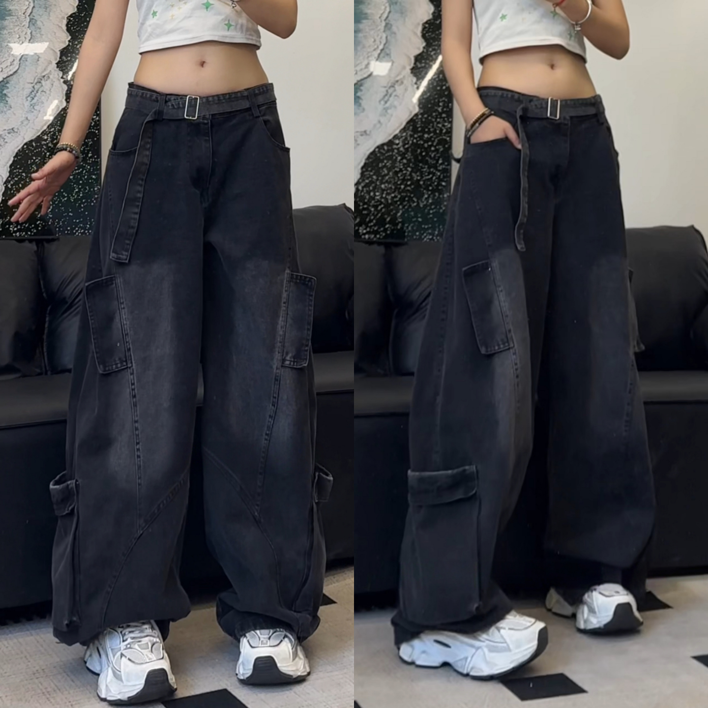 冬季潮牌高街美式黑色多口袋工装牛仔裤男士高级感阔腿直筒休闲裤