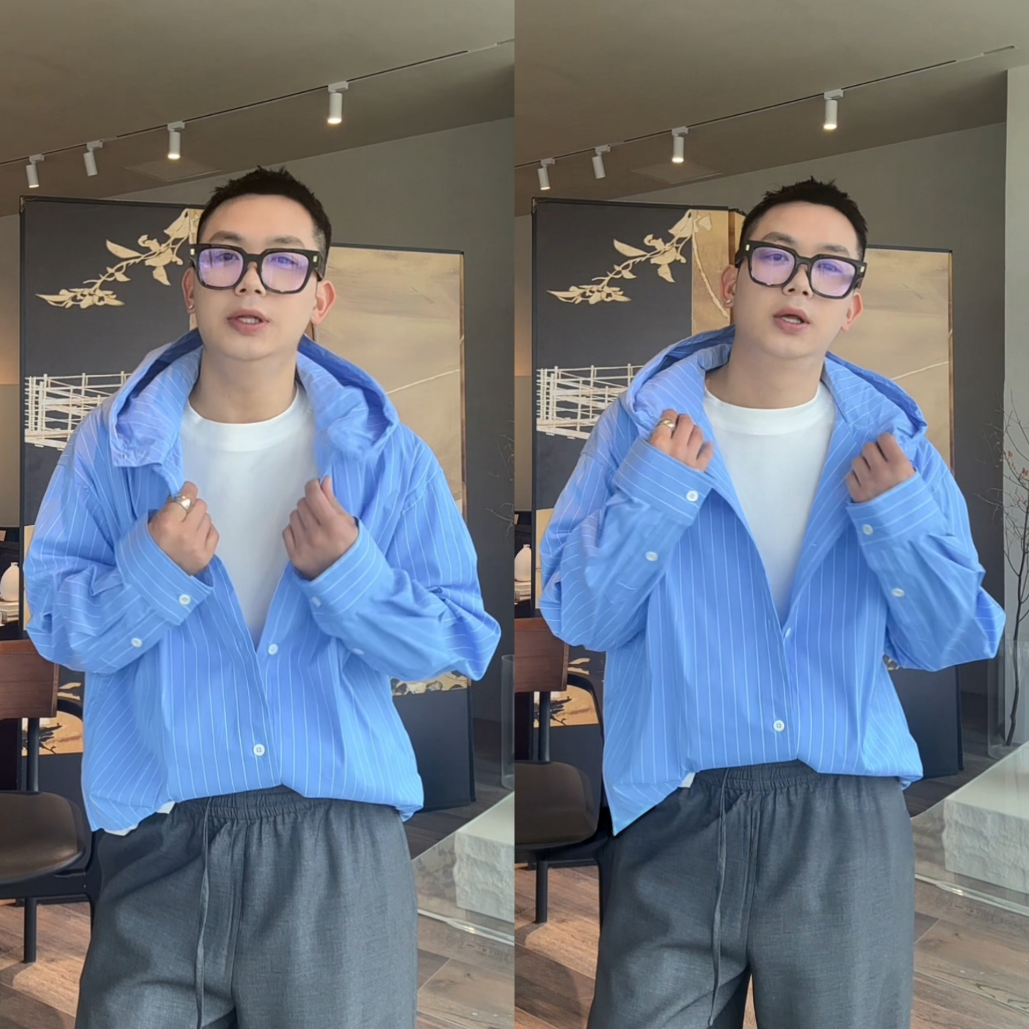 春季洋气蓝色条纹松弛感休闲长袖衬衫男士时髦日常廓形连帽外套潮