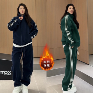 冬季复古运动风条纹卫衣休闲裤两件套男女情侣款加绒保暖时尚套装