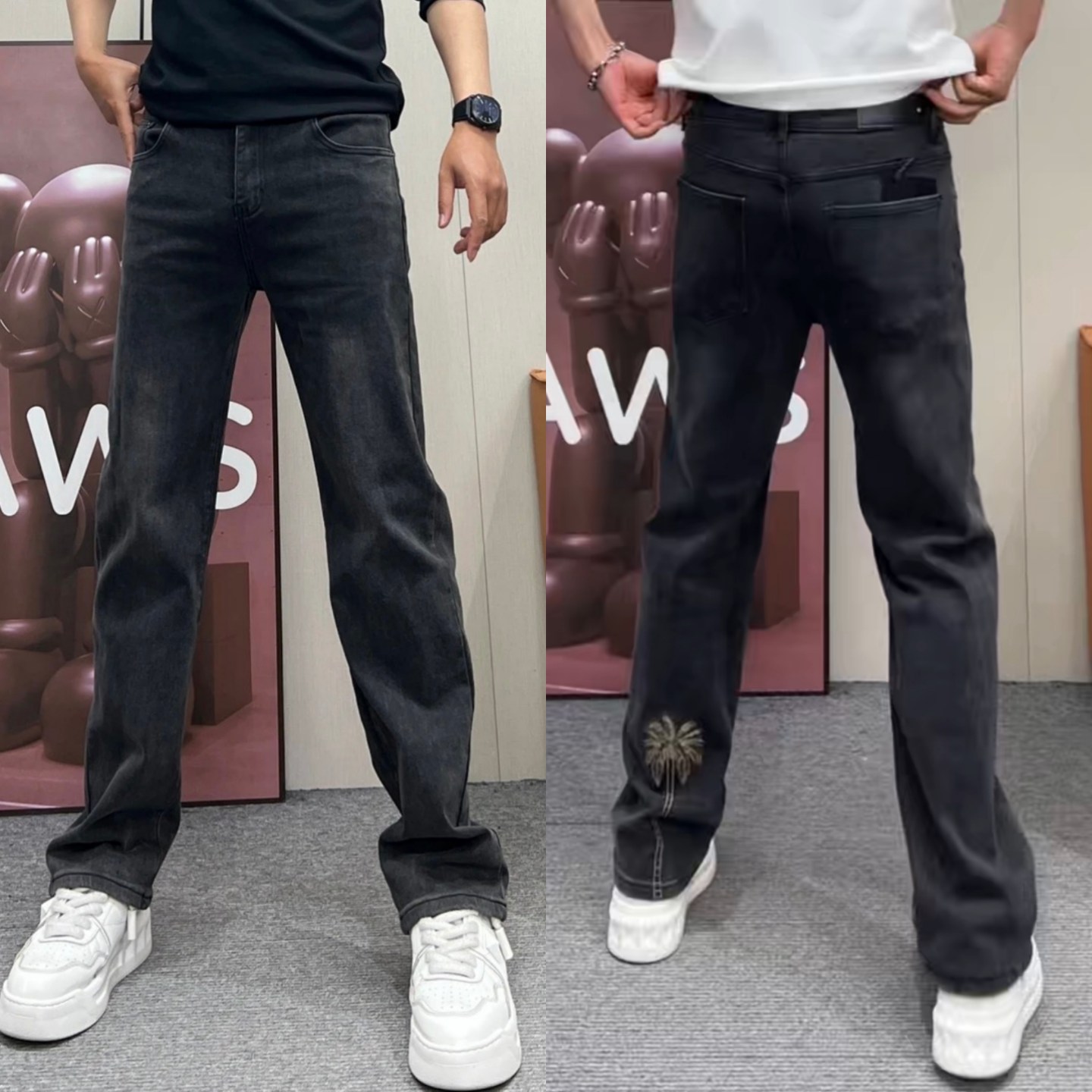 冬季新款黑灰色做旧直筒裤男休闲裤椰子树刺绣牛仔裤百搭时尚长裤