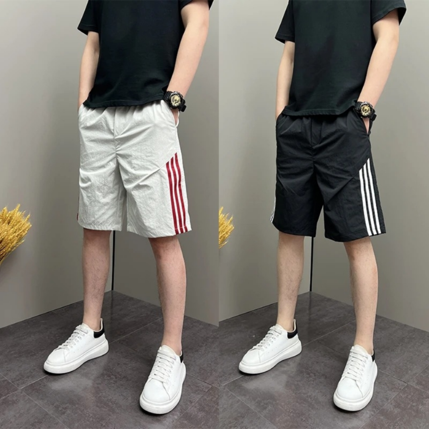 美式条纹运动短裤男夏季宽松直筒五分速干潮流男生百搭大码休闲裤