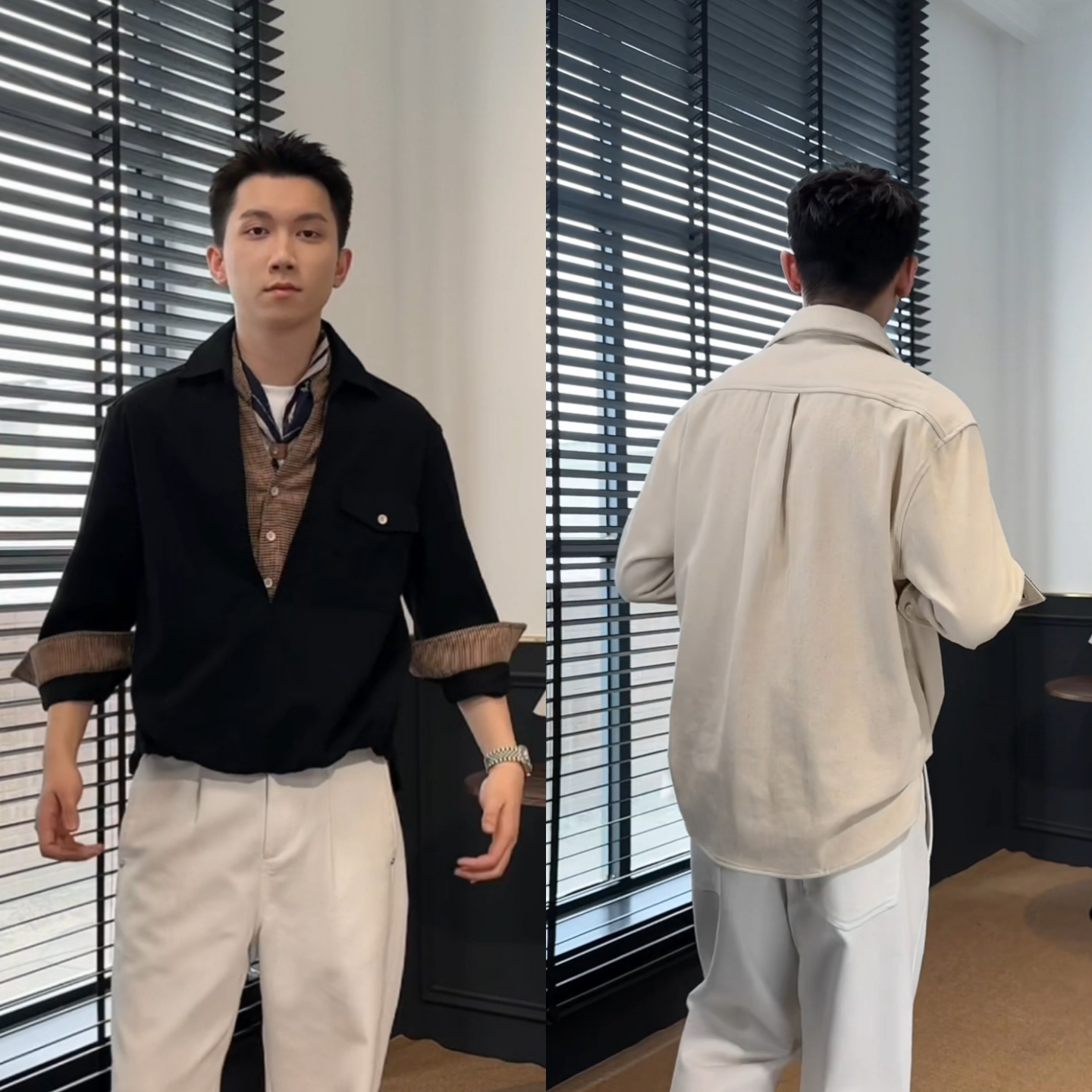 秋季复古拼接假两件长袖衬衫男休闲百搭高级感V领层次感衬衣男装