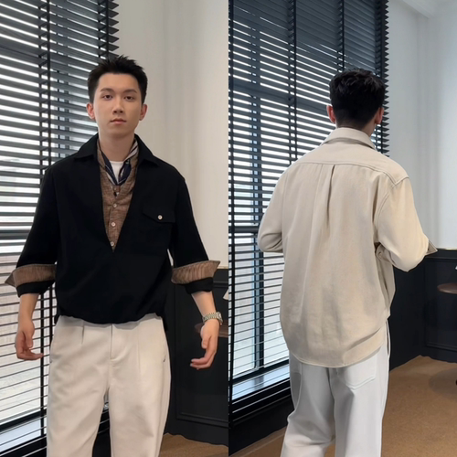 秋季复古拼接假两件长袖衬衫男休闲百搭高级感V领层次感衬衣男装
