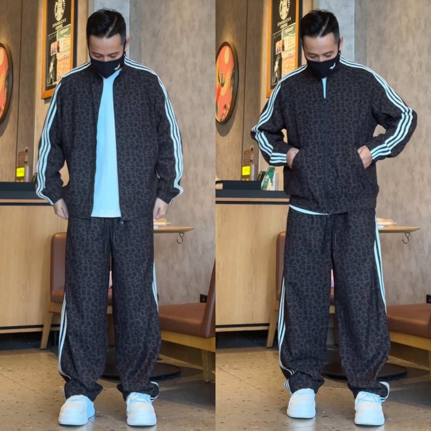 豹纹拼接三条杠男士秋季休闲套装