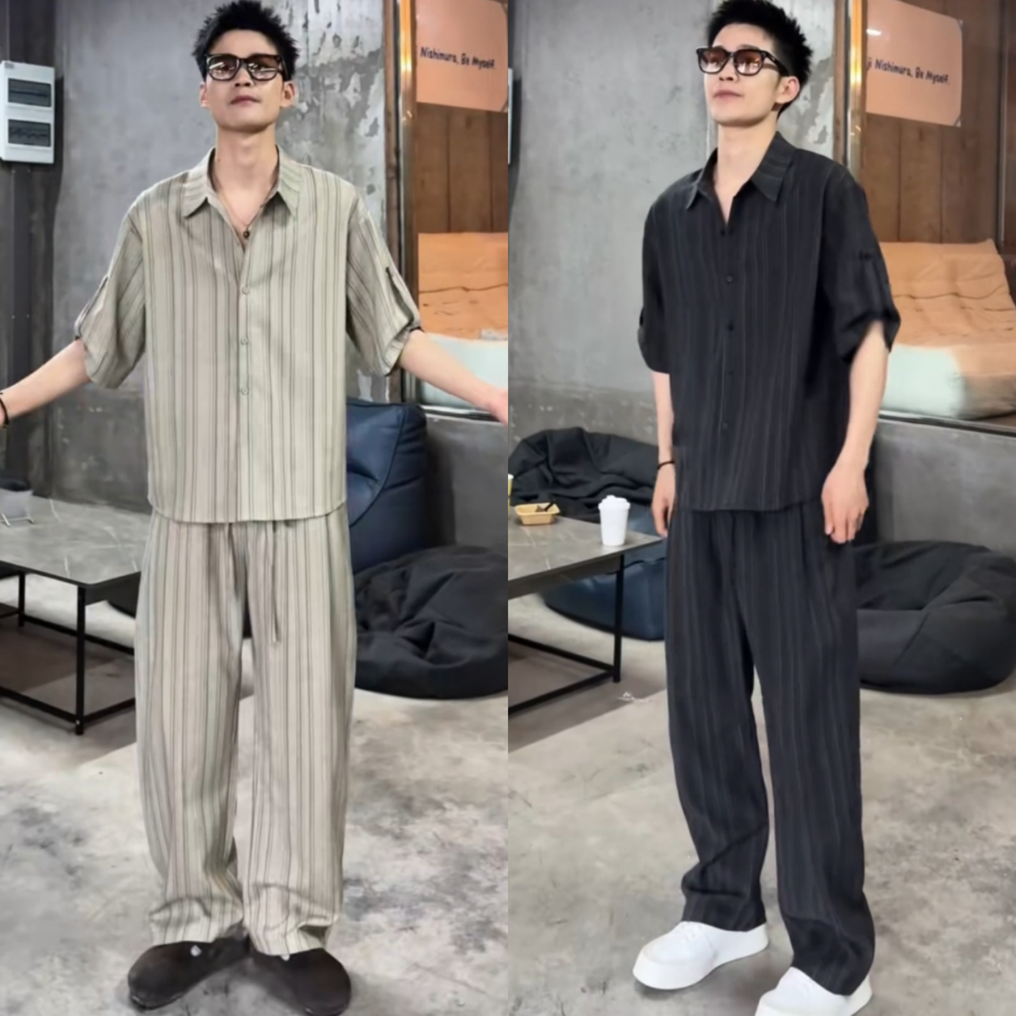 韩系条纹衬衫休闲裤两件套夏季新款男士时尚高级老钱风套装高品质