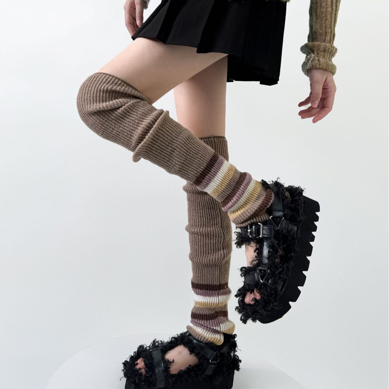 秋冬新款日系彩色条纹拼接筒保暖针织叠穿袜套过膝护腿堆堆袜女