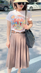 ZYVN小众设计复古辣妹印花短款T袖搭配麻料百褶半身裙子时尚气质