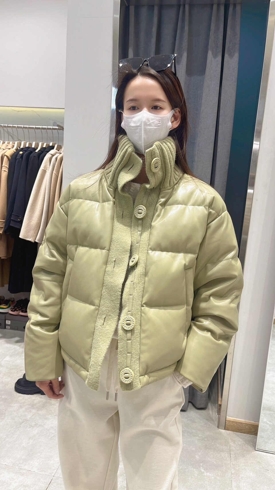 CHIC小众设计师品牌蛋白PU机车风毛织拼皮时尚羽绒服女短外套