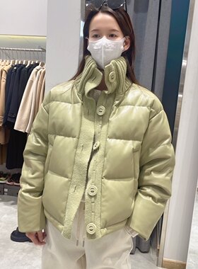 CHIC小众设计师品牌蛋白PU机车风毛织拼皮时尚羽绒服女短外套