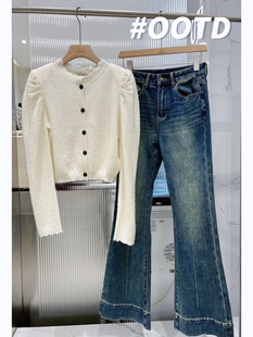 韩版 WIWH设计师品牌法式 女时尚 羊绒针织圆领开衫 女 蕾丝花边泡泡袖