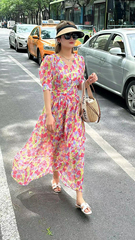 ZYVN小众设计师夏高端定制茶歇裙V领油画碎花收腰短袖连衣裙