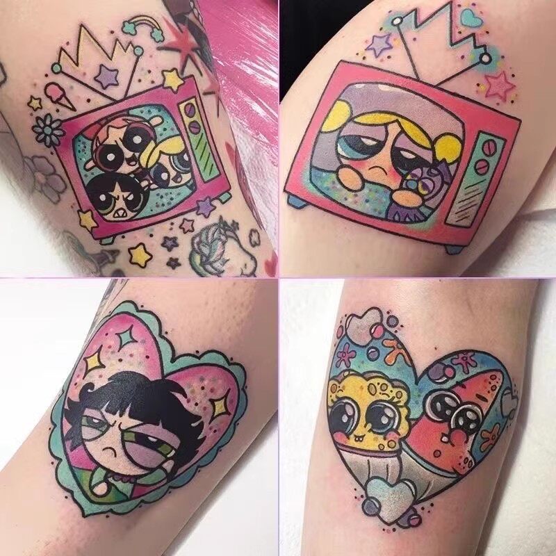 飞天小女警动漫防水纹身贴女持久 彩色可爱卡通花臂纹身贴纸