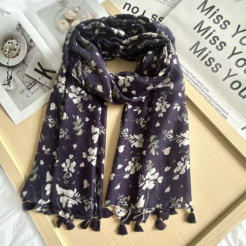 小清新藏青色花朵棉麻手围巾女春秋夏季两用防晒大披肩海边沙滩巾