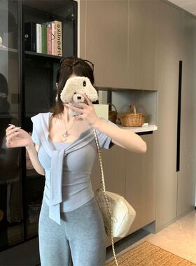 韩系紫色正肩短袖T恤女夏季设计感小众系带修身显瘦短款披肩上衣