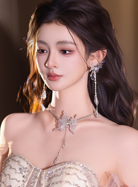 韩系新娘高级水晶流苏项链耳饰